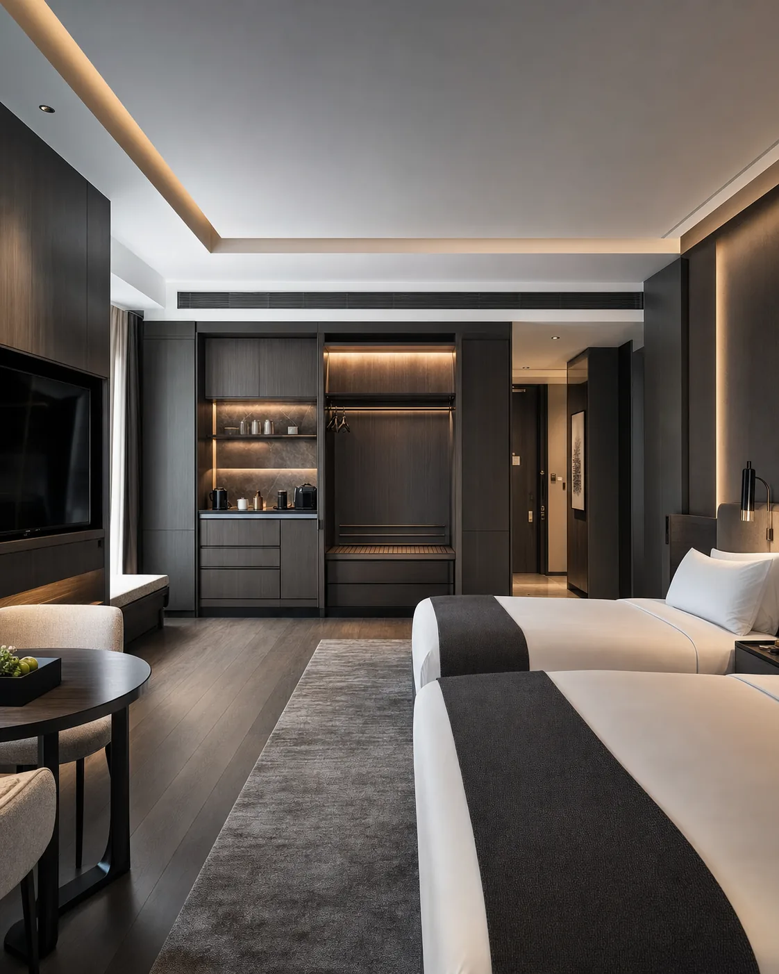 Built-in hotel guestroom casework with coordinated freestanding furniture