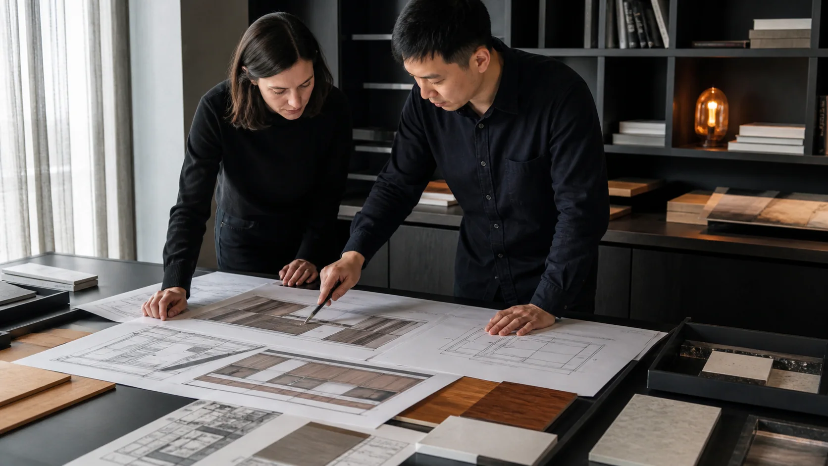 A project team reviewing a custom furniture RFQ and shop drawings